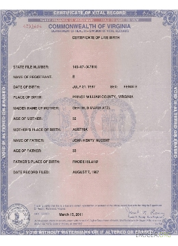 Certificat de naissance vivante de Virginie aux États Unis